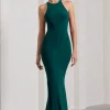 Brianna | Bottle Green Sleeveless Halter-Neck Open-Back Maxi Dress