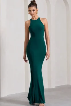 Brianna | Bottle Green Sleeveless Halter-Neck Open-Back Maxi Dress