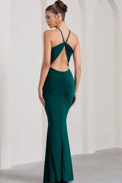 Brianna | Bottle Green Sleeveless Halter-Neck Open-Back Maxi Dress