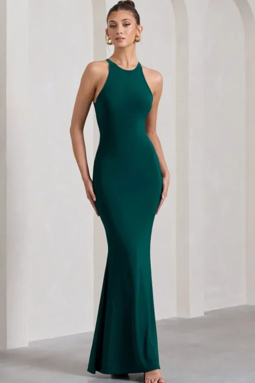 Brianna | Bottle Green Sleeveless Halter-Neck Open-Back Maxi Dress
