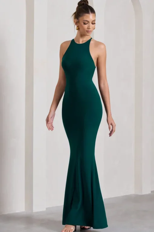Brianna | Bottle Green Sleeveless Halter-Neck Open-Back Maxi Dress