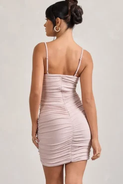Brightest | Nude Ruched Strappy Asymmetric Bodycon Mini Dress