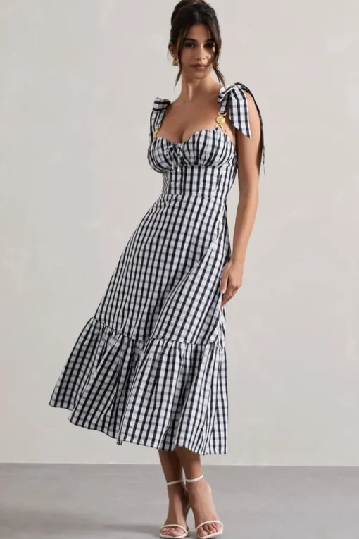 Brighton | Black u0026 White Gingham Sweetheart Midi Dress