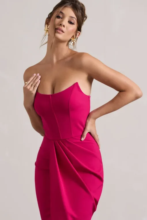 Brigitte | Hot Pink Strapless Corset Wrap Maxi Dress