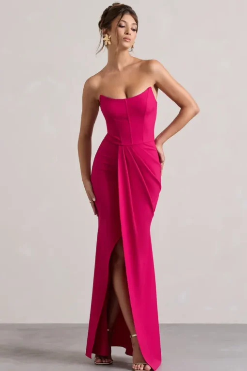 Brigitte | Hot Pink Strapless Corset Wrap Maxi Dress