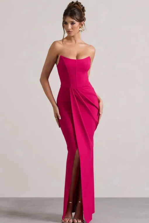 Brigitte | Hot Pink Strapless Corset Wrap Maxi Dress