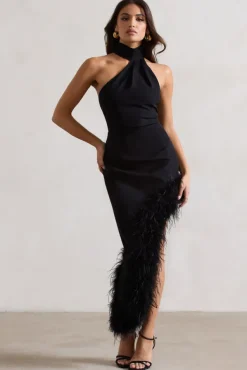 Brilliance | Black Asymmetric Maxi Dress With Feather Trim
