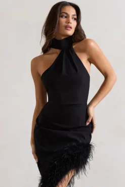 Brilliance | Black Asymmetric Maxi Dress With Feather Trim