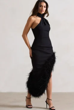 Brilliance | Black Asymmetric Maxi Dress With Feather Trim