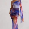 Brisa | Ombre Print Mesh Asymmetric Ruched Maxi Dress