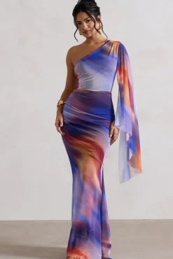 Brisa | Ombre Print Mesh Asymmetric Ruched Maxi Dress