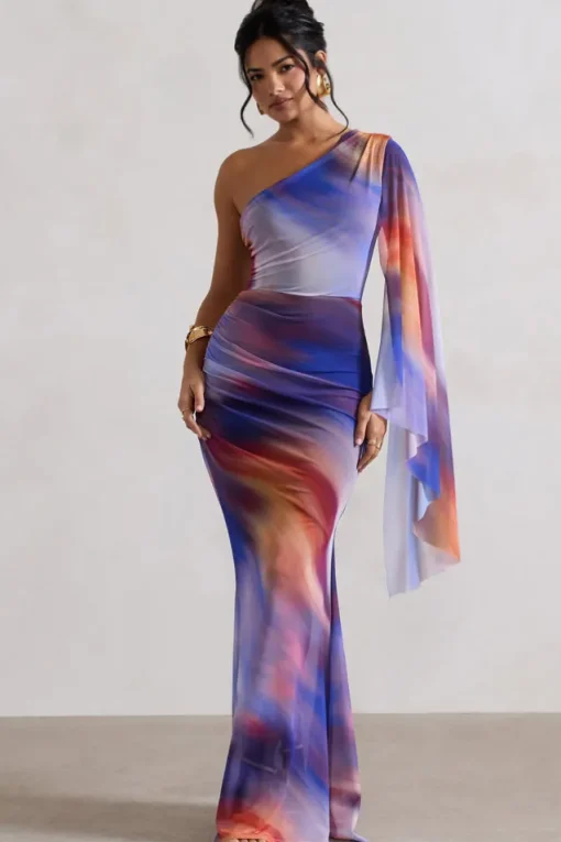 Brisa | Ombre Print Mesh Asymmetric Ruched Maxi Dress