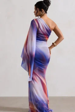 Brisa | Ombre Print Mesh Asymmetric Ruched Maxi Dress