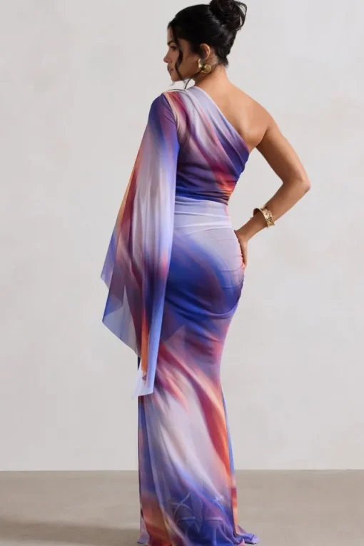 Brisa | Ombre Print Mesh Asymmetric Ruched Maxi Dress