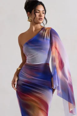 Brisa | Ombre Print Mesh Asymmetric Ruched Maxi Dress