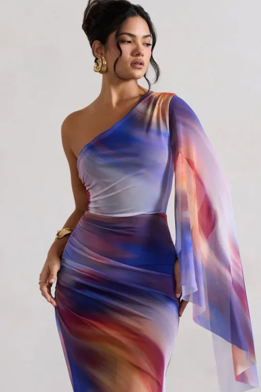 Brisa | Ombre Print Mesh Asymmetric Ruched Maxi Dress