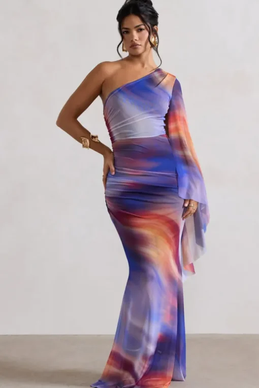 Brisa | Ombre Print Mesh Asymmetric Ruched Maxi Dress