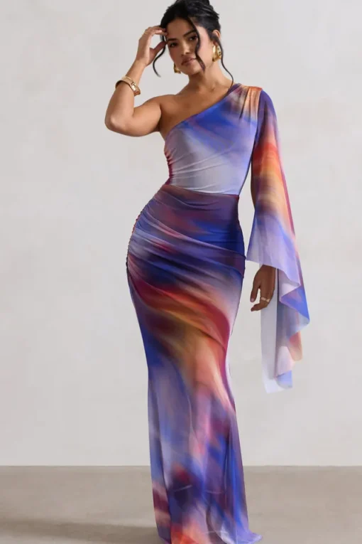 Brisa | Ombre Print Mesh Asymmetric Ruched Maxi Dress