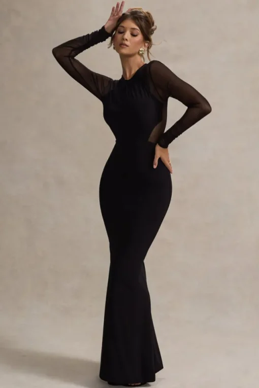 Brittany | Black Mesh Insert Maxi Dress