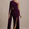 Brona | Plum One-Shoulder Cape-Sleeve Split Maxi Dress