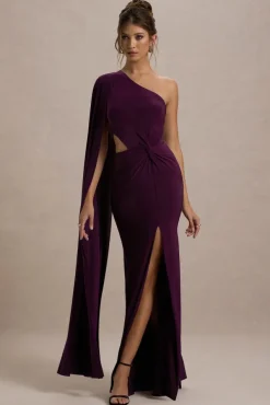 Brona | Plum One-Shoulder Cape-Sleeve Split Maxi Dress