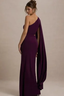 Brona | Plum One-Shoulder Cape-Sleeve Split Maxi Dress