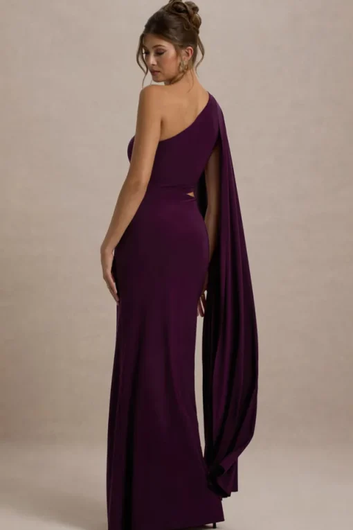 Brona | Plum One-Shoulder Cape-Sleeve Split Maxi Dress