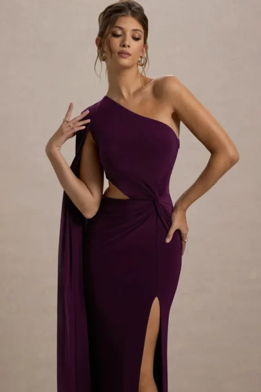 Brona | Plum One-Shoulder Cape-Sleeve Split Maxi Dress