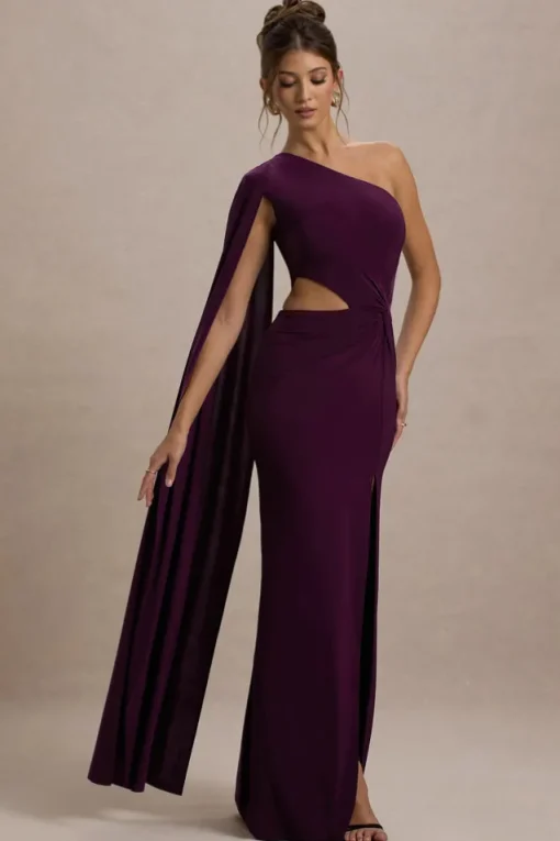 Brona | Plum One-Shoulder Cape-Sleeve Split Maxi Dress