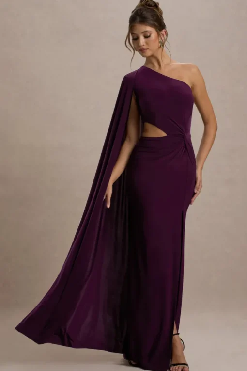 Brona | Plum One-Shoulder Cape-Sleeve Split Maxi Dress