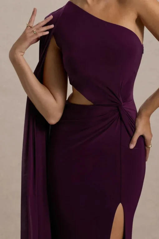 Brona | Plum One-Shoulder Cape-Sleeve Split Maxi Dress