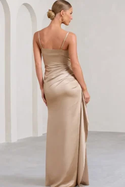 Buckingham | Champagne Satin Pleated Split Maxi Dress