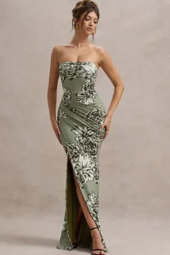 Buena | Olive Floral Print Strapless Gathered Maxi Dress With Split