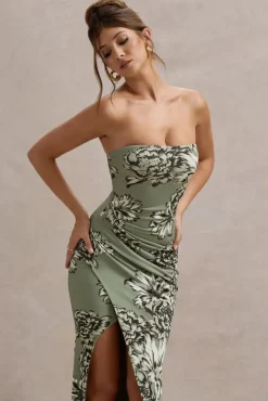 Buena | Olive Floral Print Strapless Gathered Maxi Dress With Split