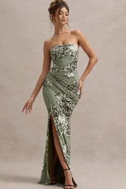 Buena | Olive Floral Print Strapless Gathered Maxi Dress With Split