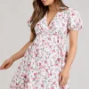 By The Cypress | Pink Floral Maternity V-Neck Puff-Sleeved Buttoned Mini Dress