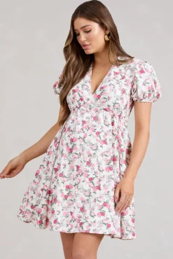 By The Cypress | Pink Floral Maternity V-Neck Puff-Sleeved Buttoned Mini Dress