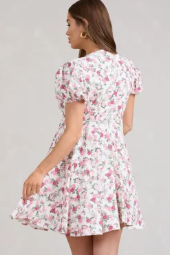 By The Cypress | Pink Floral Maternity V-Neck Puff-Sleeved Buttoned Mini Dress