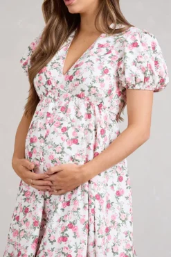 By The Cypress | Pink Floral Maternity V-Neck Puff-Sleeved Buttoned Mini Dress