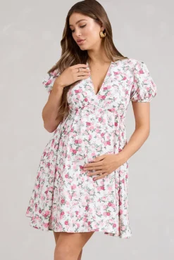 By The Cypress | Pink Floral Maternity V-Neck Puff-Sleeved Buttoned Mini Dress