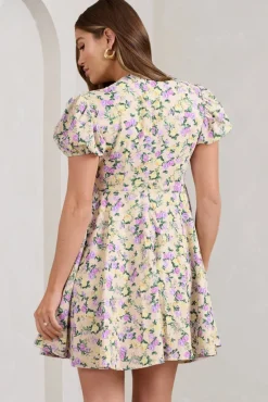 By The Cypress | Yellow Floral Maternity V-Neck Puff-Sleeved Buttoned Mini Dress