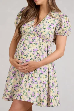 By The Cypress | Yellow Floral Maternity V-Neck Puff-Sleeved Buttoned Mini Dress