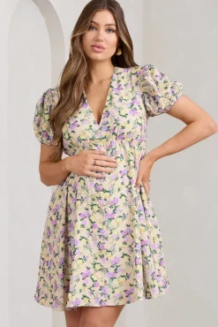 By The Cypress | Yellow Floral Maternity V-Neck Puff-Sleeved Buttoned Mini Dress