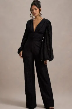 Calamina | Black Lace Plunge-Neck Wide-Leg Jumpsuit