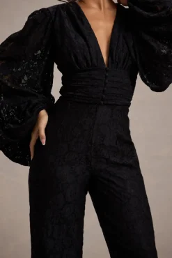 Calamina | Black Lace Plunge-Neck Wide-Leg Jumpsuit
