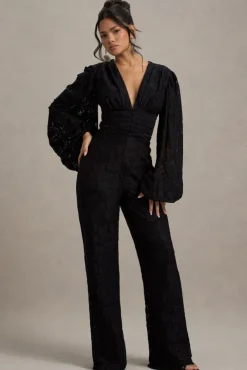 Calamina | Black Lace Plunge-Neck Wide-Leg Jumpsuit