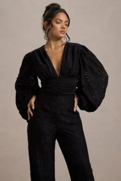 Calamina | Black Lace Plunge-Neck Wide-Leg Jumpsuit