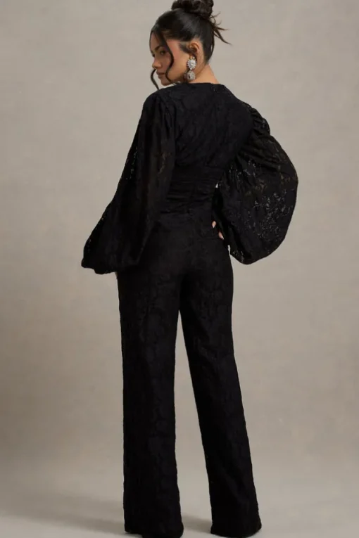 Calamina | Black Lace Plunge-Neck Wide-Leg Jumpsuit