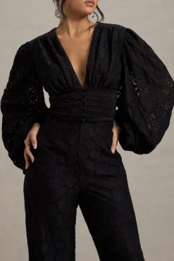 Calamina | Black Lace Plunge-Neck Wide-Leg Jumpsuit