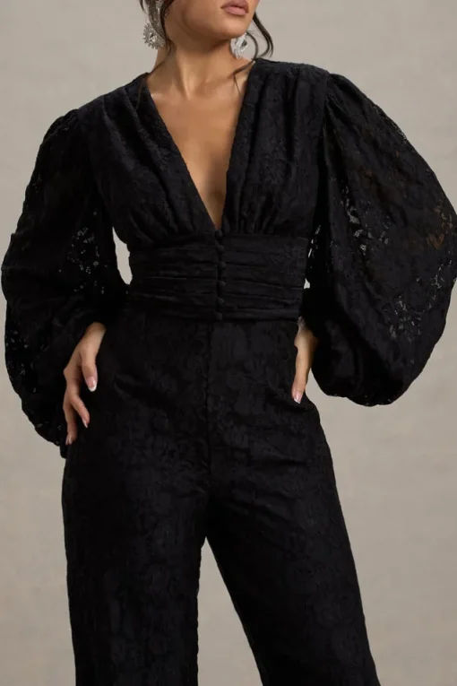 Calamina | Black Lace Plunge-Neck Wide-Leg Jumpsuit